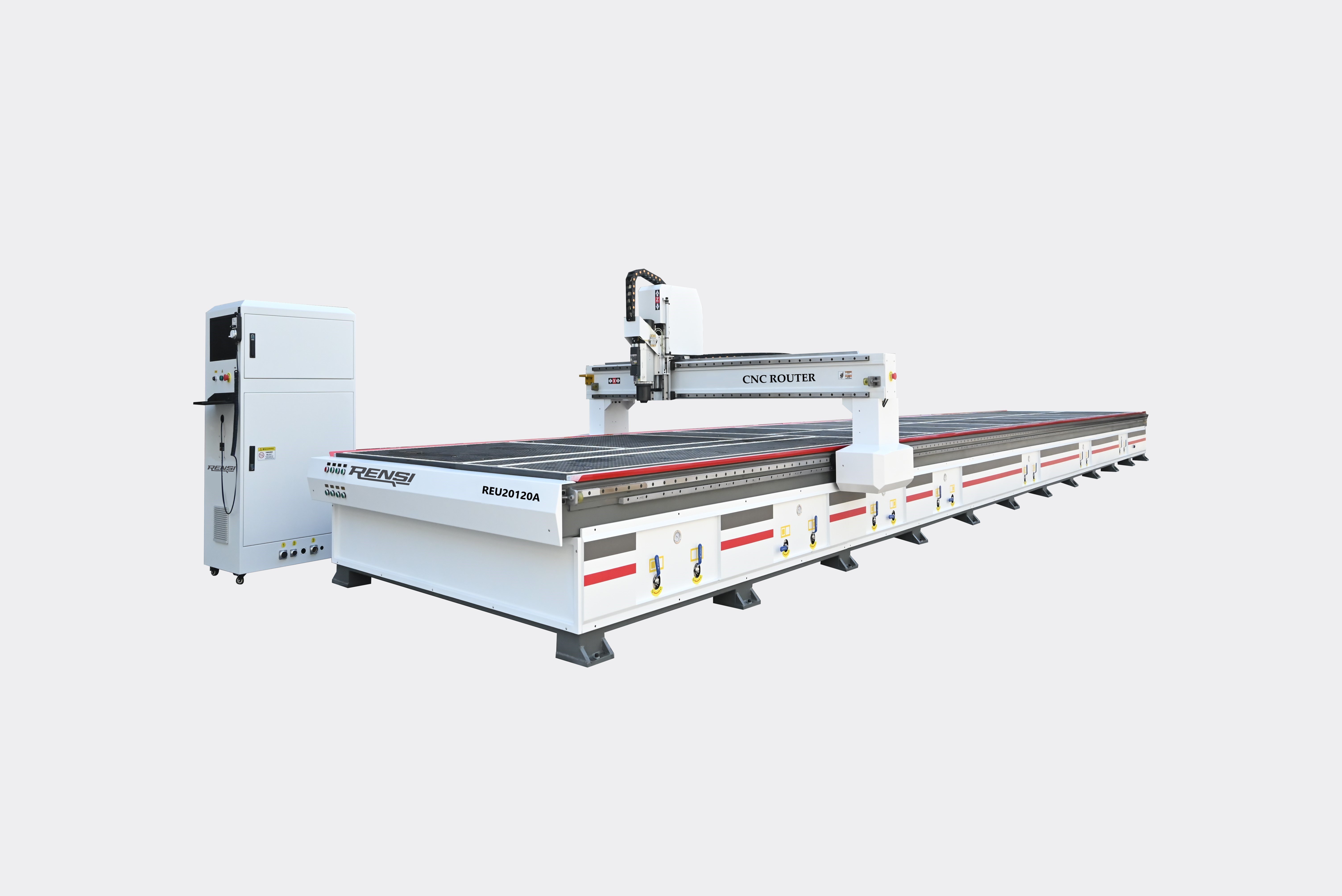 CNC milling machine REU20120A, white frame and vacuum table.