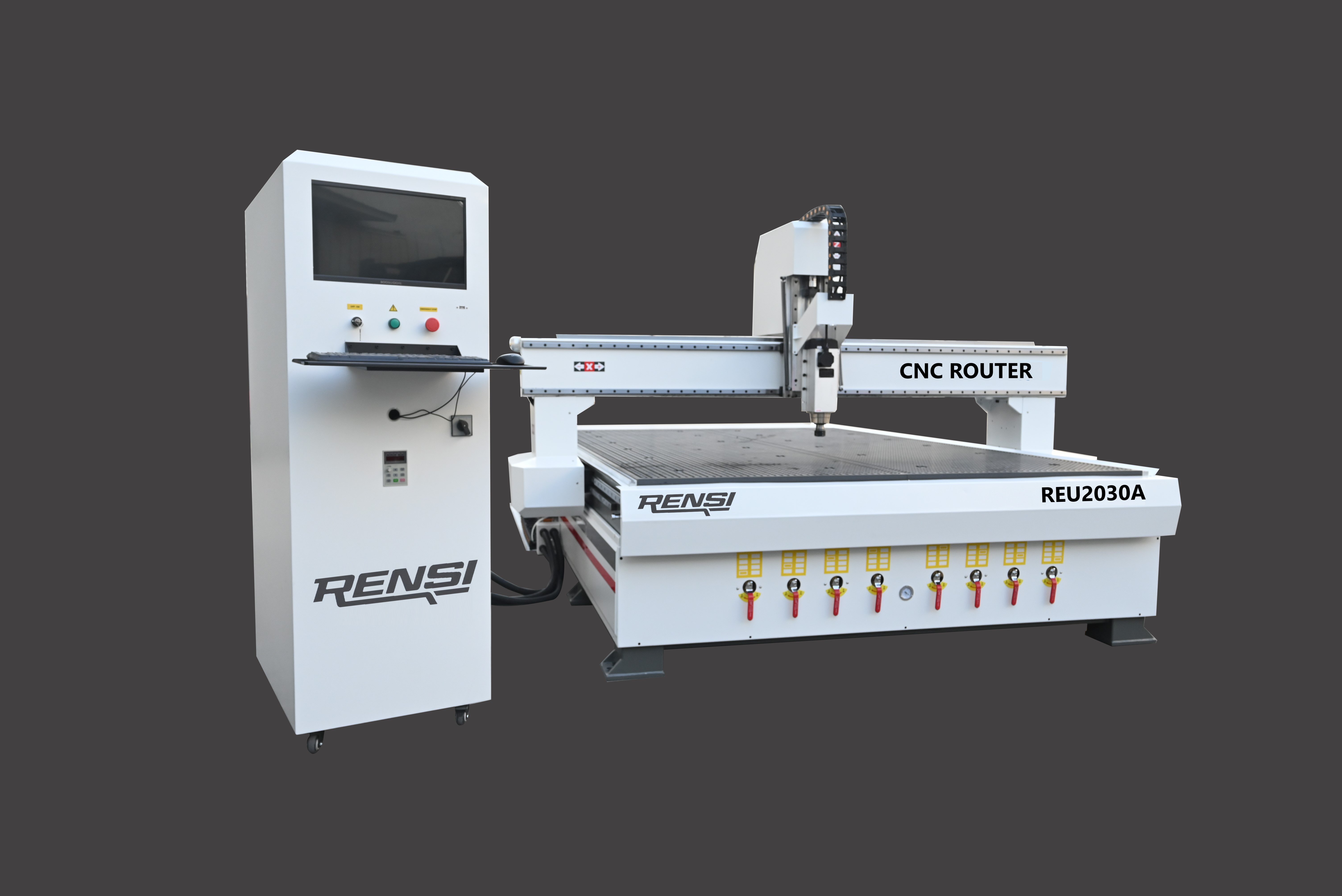 CNC milling machine REU2030A with control panel and vacuum table.